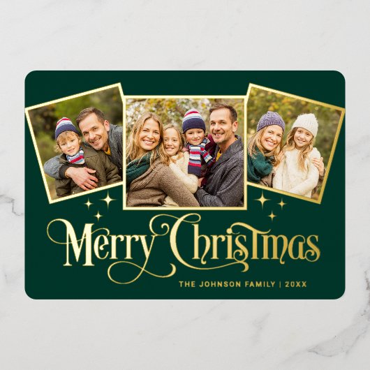 3 PHOTO Sparkle Merry-kerstgroet Gold Folie Feestdagenkaart (Voorkant)