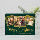 3 PHOTO Sparkle Merry-kerstgroet Gold Folie Feestdagenkaart (Staand Voorkant)