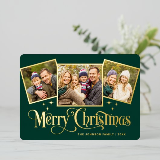 3 PHOTO Sparkle Merry-kerstgroet Gold Folie Feestdagenkaart (Staand Voorkant)