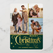 3 PHOTO Sparkle Merry-kerstgroet Gold Folie Feestdagenkaart (Voorkant)