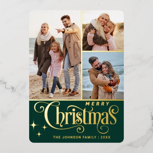 3 PHOTO Sparkle Merry-kerstgroet Gold Folie Feestdagenkaart (Voorkant)