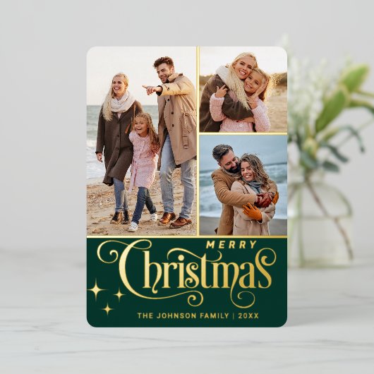 3 PHOTO Sparkle Merry-kerstgroet Gold Folie Feestdagenkaart (Staand Voorkant)