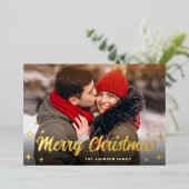 3 PHOTO Sparkle Merry-kerstgroet Gold Folie Feestdagenkaart (Staand Voorkant)