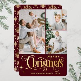 3 PHOTO Sparkle Merry-kerstgroet Gold Folie Feestdagenkaart
