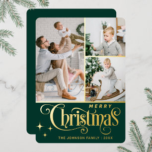 3 PHOTO Sparkle Merry-kerstgroet Gold Folie Feestdagenkaart