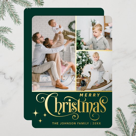 3 PHOTO Sparkle Merry-kerstgroet Gold Folie Feestdagenkaart