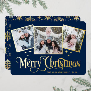 3 PHOTO Sparkle Merry-kerstgroet Gold Folie Feestdagenkaart
