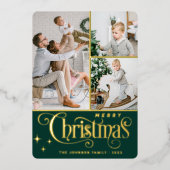 3 PHOTO Sparkle Merry-kerstgroet Gold Folie Feestdagenkaart (Voorkant)