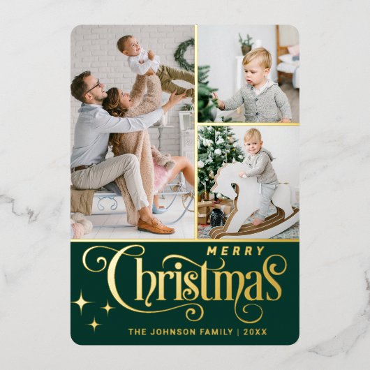 3 PHOTO Sparkle Merry-kerstgroet Gold Folie Feestdagenkaart (Voorkant)