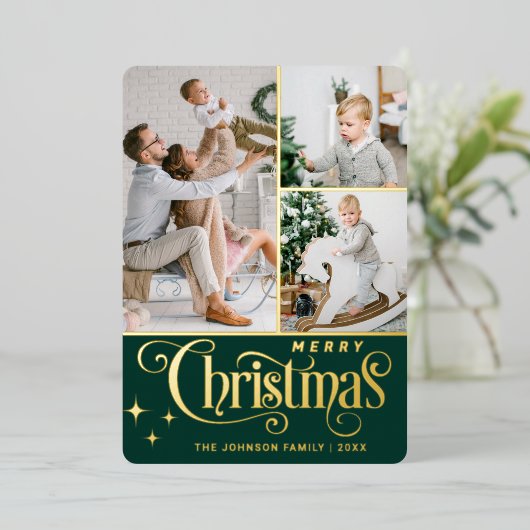 3 PHOTO Sparkle Merry-kerstgroet Gold Folie Feestdagenkaart (Staand Voorkant)