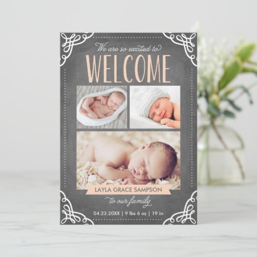 3-Photo Welcome Chalkboard | Aankondiging van gebo (Staand voorkant)
