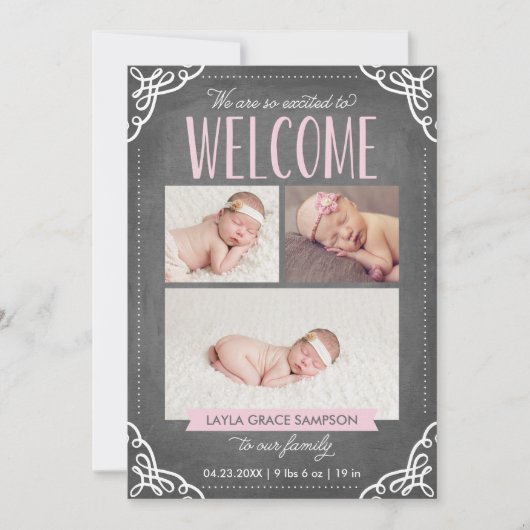 3-Photo Welcome Chalkboard | Aankondiging van gebo (Voorkant)