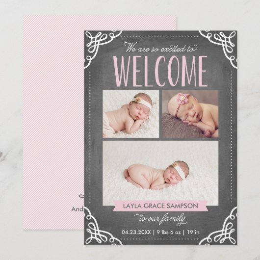 3-Photo Welcome Chalkboard | Aankondiging van gebo (Voorkant / Achterkant)