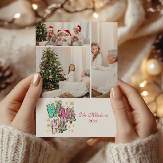 3 Photo Whimsical Ho Ho Ho Christmas Family  Feestdagenkaart
