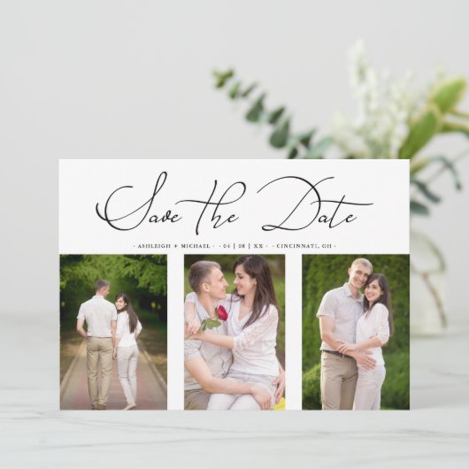 3 Photos Collage Engaged Chic Minimalist Wedding Save The Date (Staand voorkant)