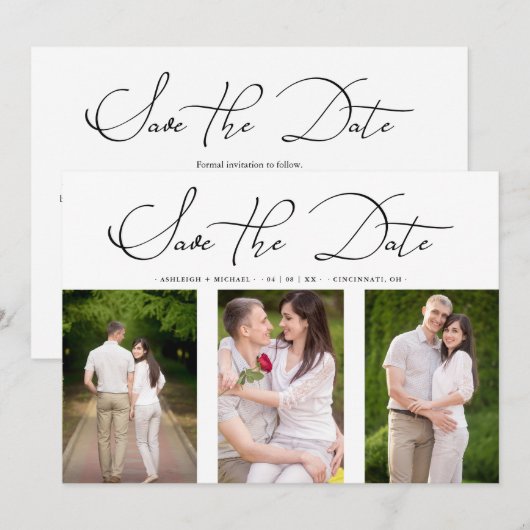 3 Photos Collage Engaged Chic Minimalist Wedding Save The Date (Voorkant / Achterkant)