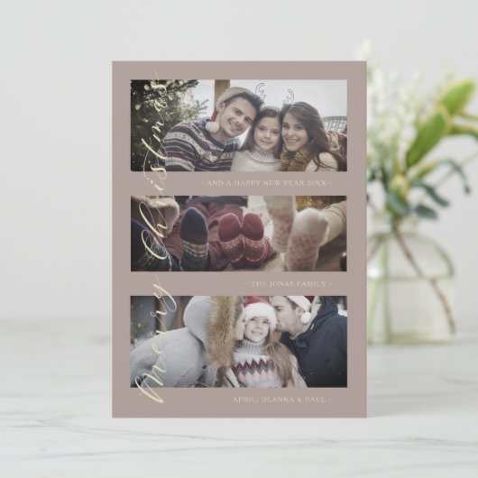 3 Photos Collage Golden Effect Christmas Photo Feestdagenkaart (Staand voorkant)