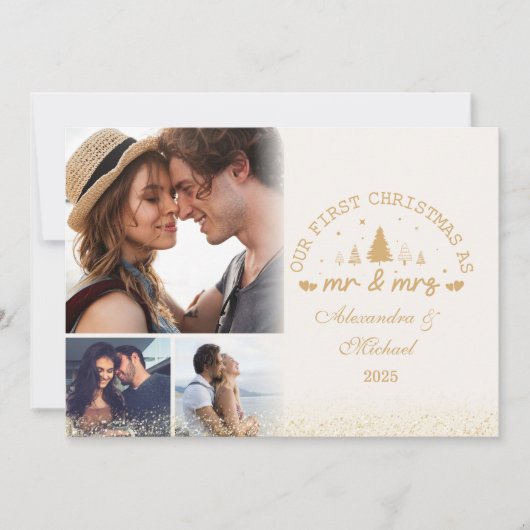 3 Photos First Christmas as Mr and Mrs gold Feestdagenkaart (Voorkant)