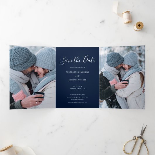 3 Photos Script Wedding Save the Date Drieluik Aankondiging (Binnen)
