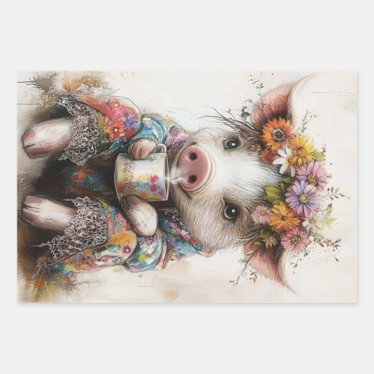 3 Piggies Tea Time Party Decoupage Wrapping Paper (Voorkant 2)