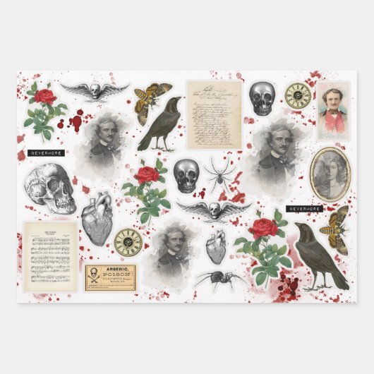 3 Poe Halloween Gothic Collage Ephemera Sheets Inpakpapier Vel (Voorkant 2)