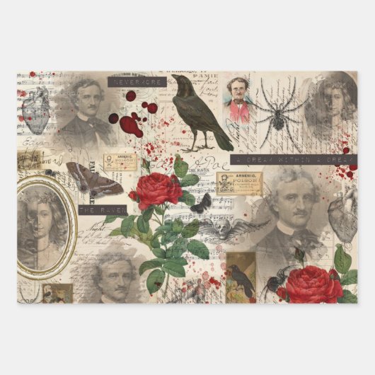 3 Poe Halloween Gothic Collage Ephemera Sheets Inpakpapier Vel (Voorkant)