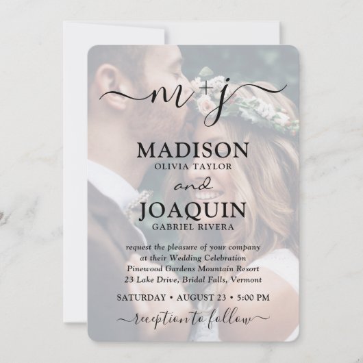 3 QR-codes Elegant script All-in-One Photo Wedding Kaart (Voorkant)