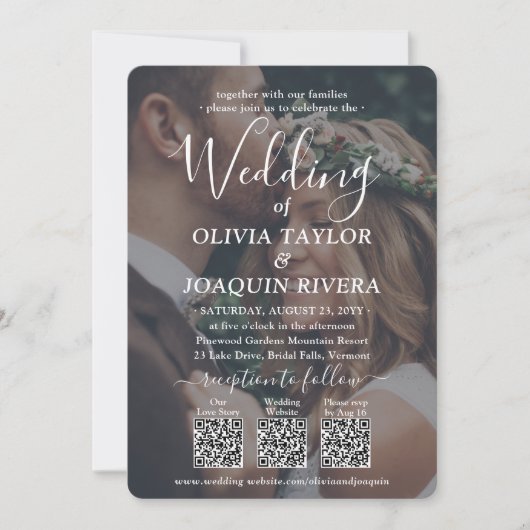 3 QR-codes Modern All-in-One 2 Photo White Wedding Kaart (Voorkant)