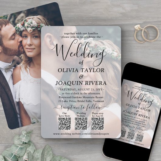 3 QR-codes Modern All-in-One Photo Overlay Wedding Kaart