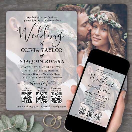 3 QR-codes Modern All-in-One Photo Overlay Wedding Kaart