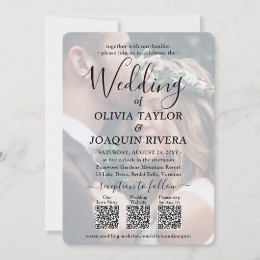 3 QR-codes Modern All-in-One Photo Overlay Wedding Kaart (Voorkant)
