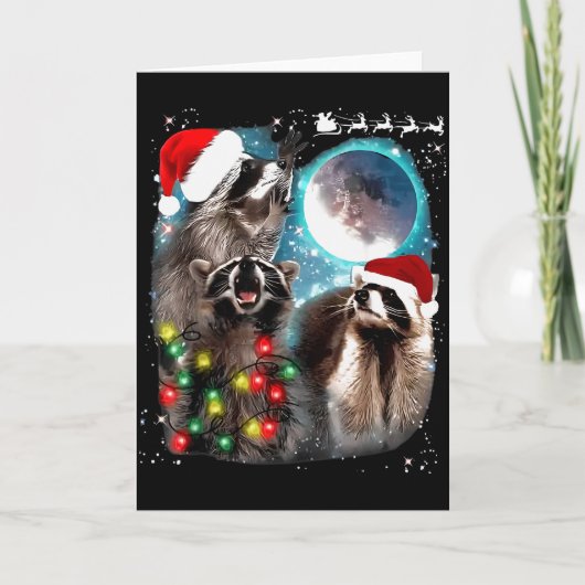 3 Racoon Moon Howling Raccoon Christmas Santa Raco Kaart (Voorkant)