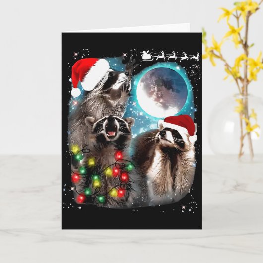 3 Racoon Moon Howling Raccoon Christmas Santa Raco Kaart (Gele Bloem)