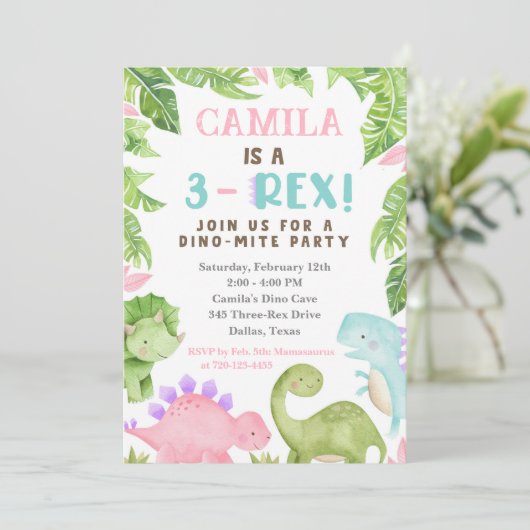 3-Rex Birthday Invitation, Dino 3rd Birthday Kaart (Staand voorkant)