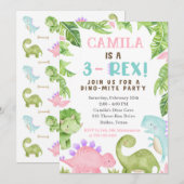 3-Rex Birthday Invitation, Dino 3rd Birthday Kaart (Voorkant / Achterkant)
