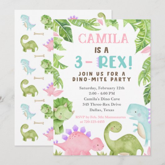 3-Rex Birthday Invitation, Dino 3rd Birthday Kaart (Voorkant / Achterkant)