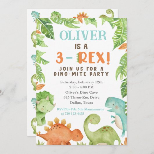 3-Rex Birthday Invitation, Dino 3rd Birthday Uitno Kaart (Voorkant / Achterkant)