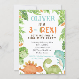 3-Rex Birthday Invitation, Dino 3rd Birthday Uitno Kaart