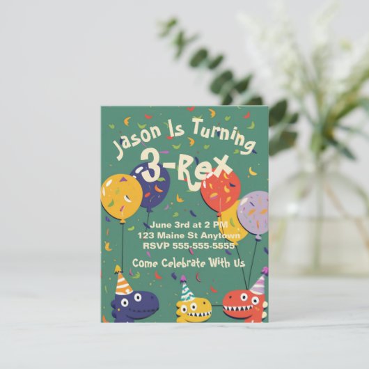  3-Rex Dino Kids Verjaardagsuitnodiging Kaart (Staand voorkant)