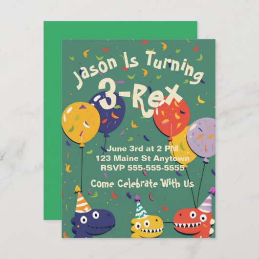  3-Rex Dino Kids Verjaardagsuitnodiging Kaart (Voorkant / Achterkant)