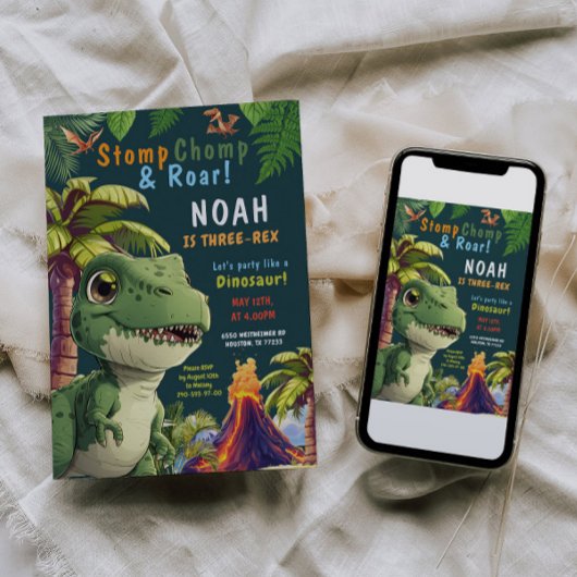 3 Rex Dinosaur 3e verjaardag uitnodiging