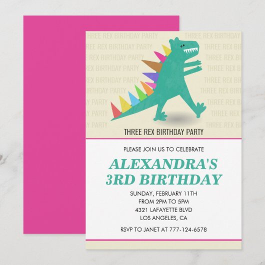 3 rex uitnodigingen meisje 3 jaar derde dino (Voorkant / Achterkant)