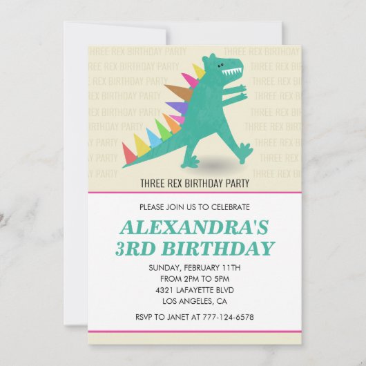 3 rex uitnodigingen meisje 3 jaar oud derde dino (Voorkant)