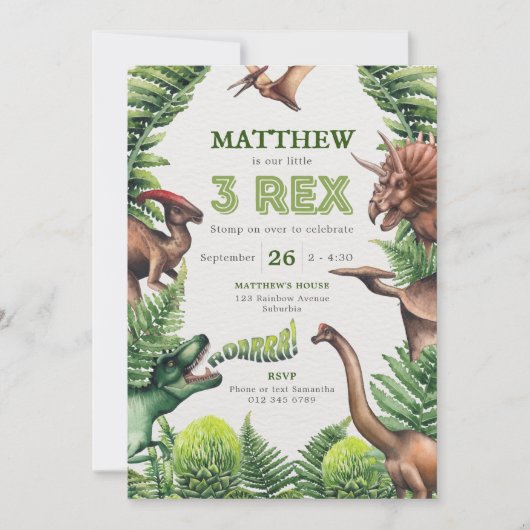3-Rex Waterverf T-Rex & Dinosauriërs Kinderverjaar Kaart (Voorkant)