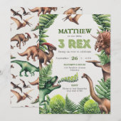 3-Rex Waterverf T-Rex & Dinosauriërs Kinderverjaar Kaart (Voorkant / Achterkant)