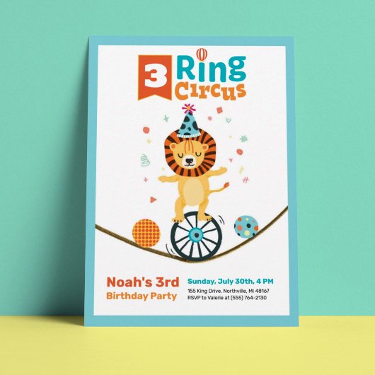 3-Ring Circus Dierlijke Leeuw 3e Verjaardag Uitnod Kaart