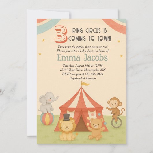 3 Ring Circus Triplet Baby Shower Invitation Kaart (Voorkant)