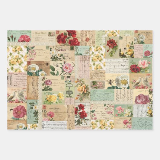 3 Romantische Rozen Collage Ephemera Sheets Inpakpapier Vel (Voorkant)