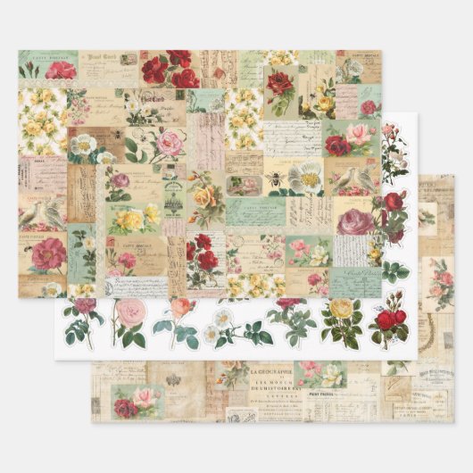 3 Romantische Rozen Collage Ephemera Sheets Inpakpapier Vel (Set)