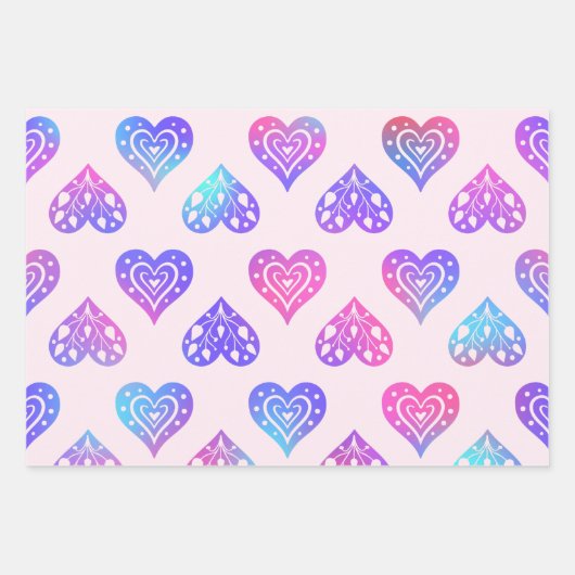 3 Roze Boho Hart Verjaardag Coördinerende Gift Inpakpapier Vel (Voorkant 2)